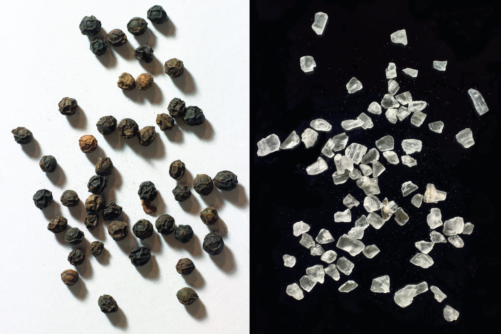 A side-by-side macro of scattered black peppercorns and coarse salt crystals